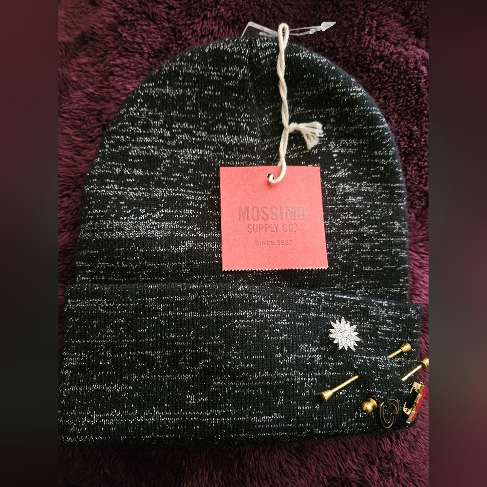 NWT: Mossimo Supply Co. Black & Silver Sparkle Knit Beanie with Pin Accents
